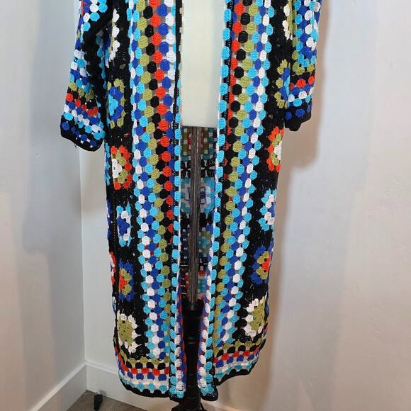 POL Boho Crochet Granny Square Long Kimono Cardigan Multicolor 0S - Picture 5 of 10